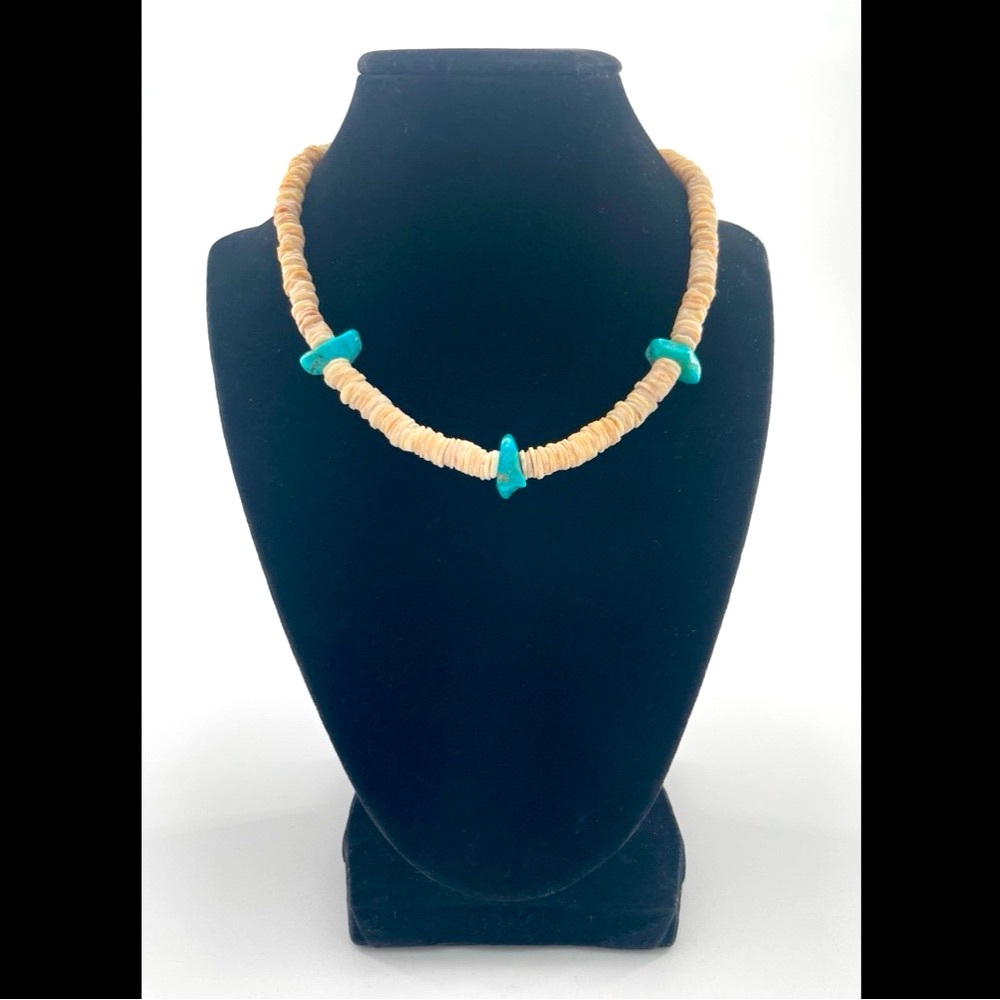 Wampum Hand Made South Western Native American Blue Turquoise Silver Necklace